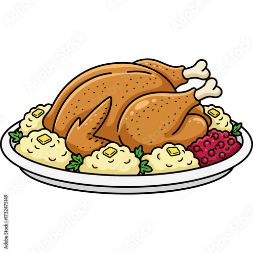 A delicious homemade roasted poultry dinner for a family celebration. This food illustration shows a perfectly cooked turkey with classic side dishes, symbolizing a warm, communal meal.