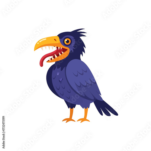 Cartoon raven with open beak and long red tongue.