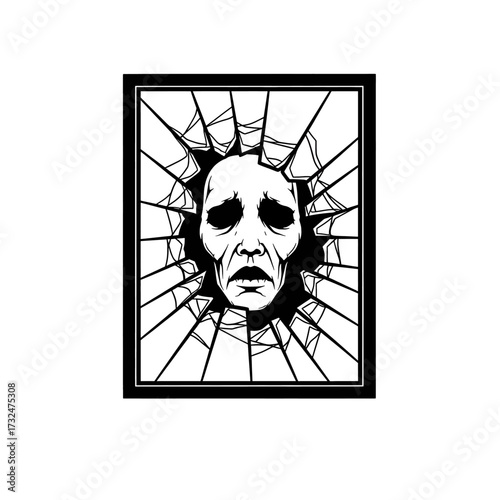 Disturbing face peering through shattered glass, a haunting visage.