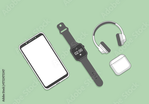 Smart devices showcase mobile phone smartwatch headphones modern lifestyle minimalist background tech concept