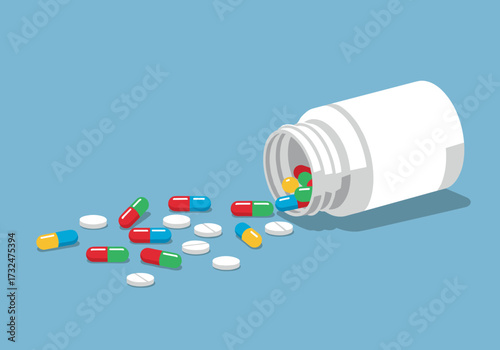 Medication dispenser spilling capsules pharmacy digital clean background top-down view health concept