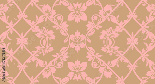 Pink floral trellis on beige. Delicate, symmetrical flower and vine pattern