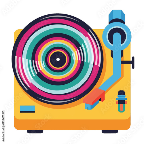 Colorful Vinyl Record Player Illustration on Yellow Background.
