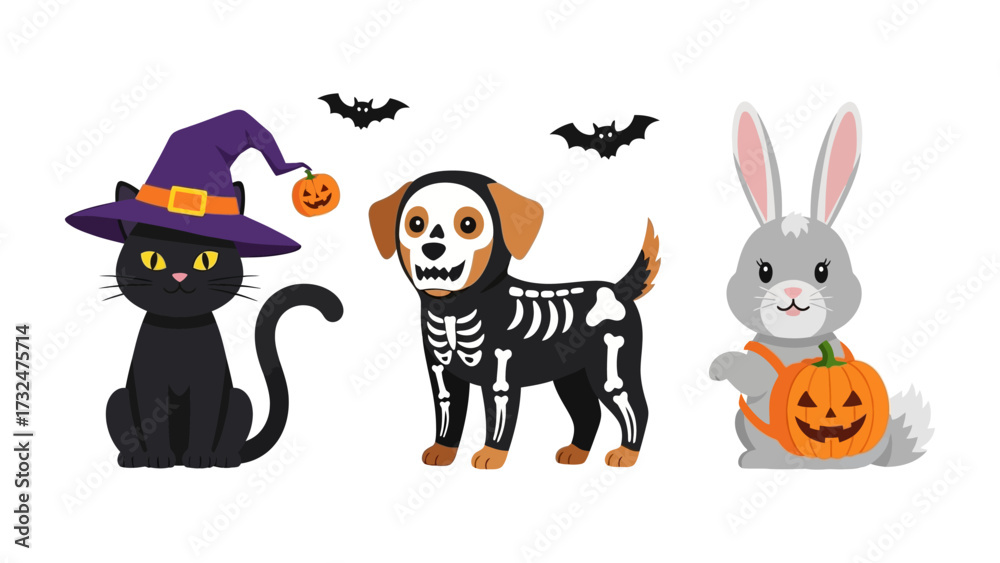 Obraz premium Halloween Animal Trio: A whimsical illustration presents a black cat in a witch's hat, a dog dressed as a skeleton, and a bunny with a pumpkin, all set against a backdrop of playful bats.