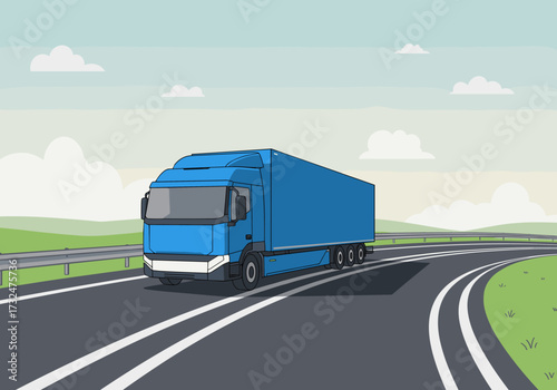Truck driving on curvy highway scenic rural landscape digital midday sunshine modern transport concept