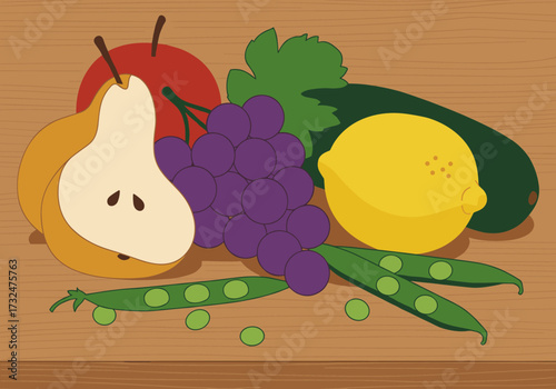 Fresh fruits and vegetables arrangement kitchen counter digital cozy environment top view healthy eating concept