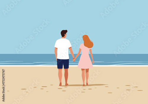 Couple walking hand in hand on sandy beach serene ocean view digital romantic atmosphere