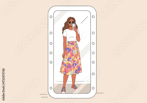 Fashion inspiration vibrant floral skirt outfit dressing room digital chic environment selfie viewpoint