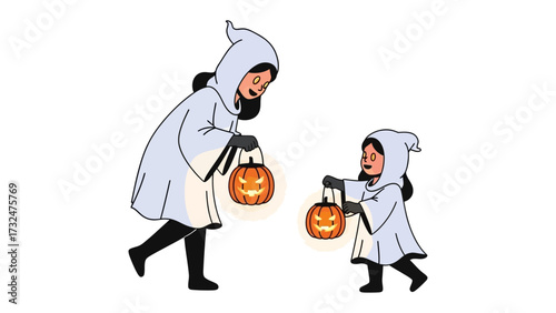 Halloween Night with Pumpkin Lanterns: A heartwarming illustration of a mother and child, both dressed in whimsical ghost costumes, joyfully exploring a Halloween scene.