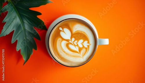 Overhead view of latte art in coffee cup on vibrant orange background,  drink photography,  color