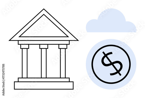 Bank structure with iconic column design, dollar coin, and cloud element. Ideal for banking, finance, savings, online transactions, security digital storage fintech. Simple flat metaphor