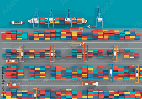 Container ship unloading operations at aerial view industrial scene maritime environment