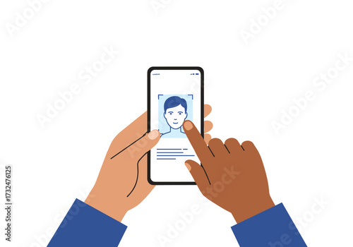 User engaging with facial recognition technology on mobile device digital environment modern interaction view