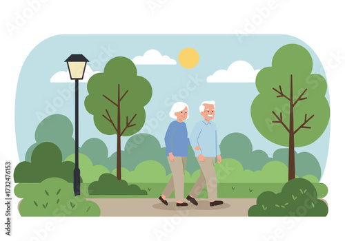 Elderly couple walking together in a sunny park digital nature serene environment side view
