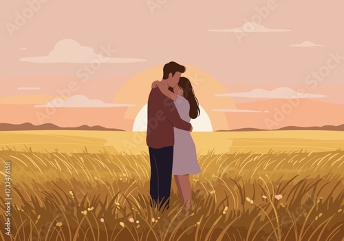 Romantic embrace at sunset open field digital serene environment view love concept