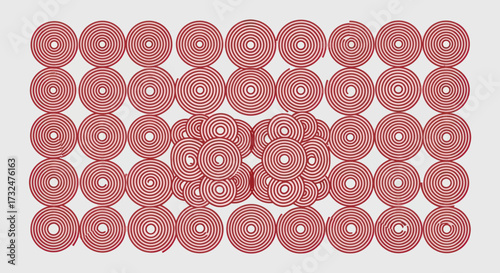 Many reddish circles, arranged in grid, form dense clusters in the center. On light gray background