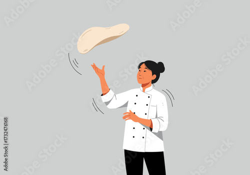 Chef tossing pizza dough kitchen indoor eye level culinary skill demonstration