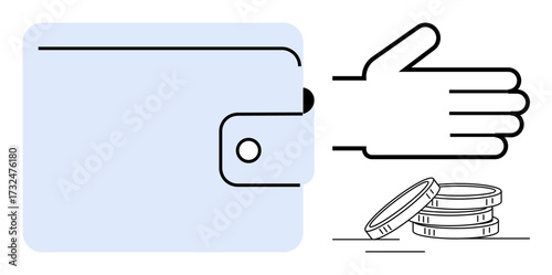 Wallet with clasp, outstretched hand suggesting payment or giving, and stacked coins. Ideal for finance, budgeting, money transfer, payroll, banking savings and investment. Simple flat metaphor