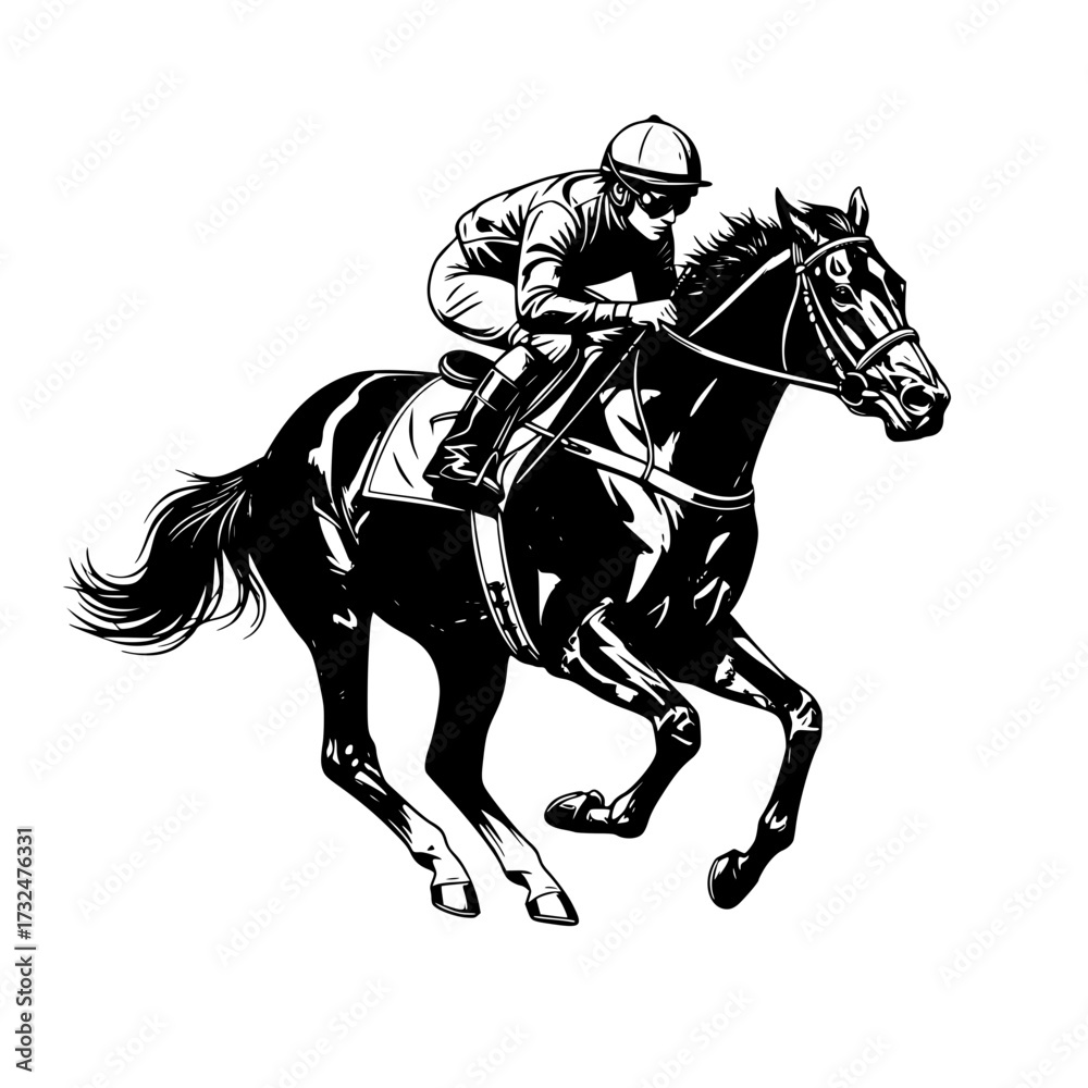 Obraz premium Vector art of black and white illustration of jockey riding racehorse