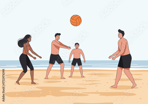 Beach volleyball action among friends sunny beach digital relaxed environment eye-level view fun concept