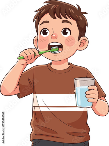 Cartoon boy brushing teeth, holding glass of water, dental hygiene illustration, healthy lifestyle, oral care habit, child morning routine