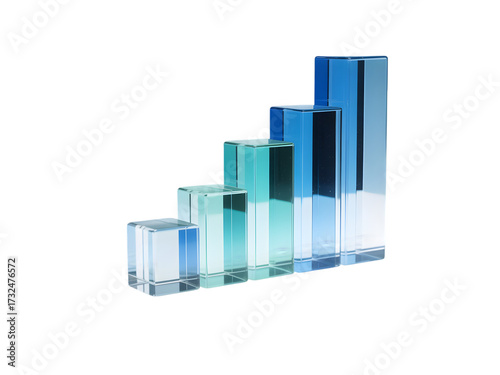 Four ascending glass bar chart columns representing business growth and financial success isolated on transparent background