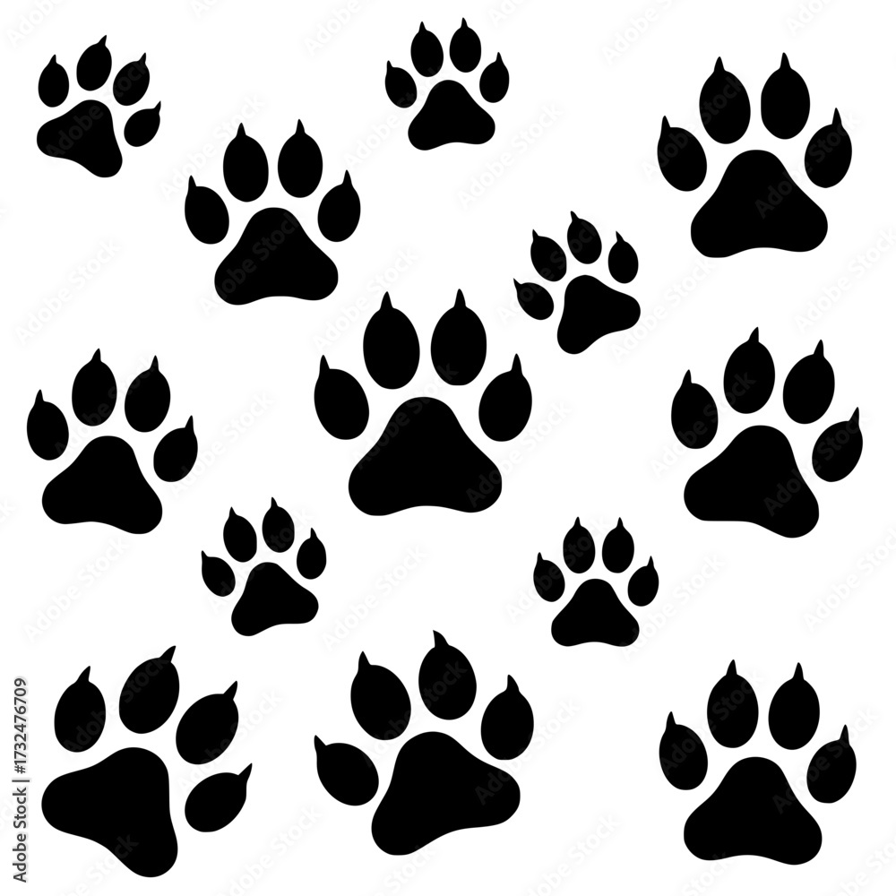 Fototapeta premium Vector art of black paw prints set for graphic design and petthemed projects