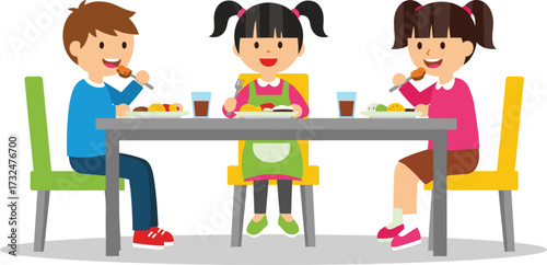 Cartoon children eating lunch together, happy kids sitting at table, enjoying healthy meal, drinking juice, fun dining time, school food illustration