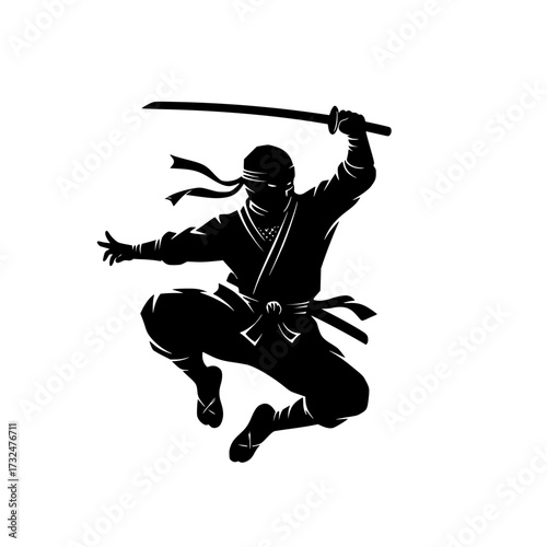 Vector art of silhouette of ninja warrior in dynamic fighting pose with swords