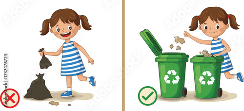 Cartoon girl learning recycling, waste segregation, environmental awareness, proper garbage disposal, eco friendly lifestyle, sustainability education, children environment illustration design