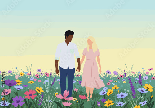 Couple walking hand in hand flower field digital sunset romantic concept