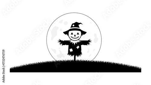 Moonlit Scarecrow Silhouette: A solitary scarecrow stands serenely against the vast expanse of a full moon, creating a captivating silhouette that whispers of autumn and tranquility. 