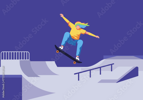 Skater performing air trick skate park digital urban environment side view youth culture and action
