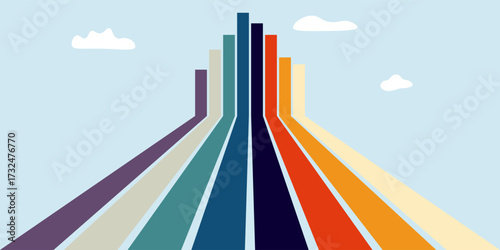 Abstract colorful lines forming a city skyline or graph against a light blue sky with clouds, in a retro style.