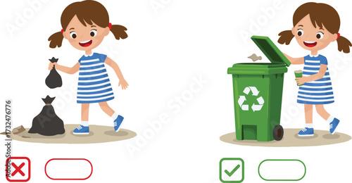 Cartoon girl showing recycling, correct garbage disposal, eco friendly lifestyle, waste management education, environmental protection, sustainability awareness, clean earth, green future illustration
