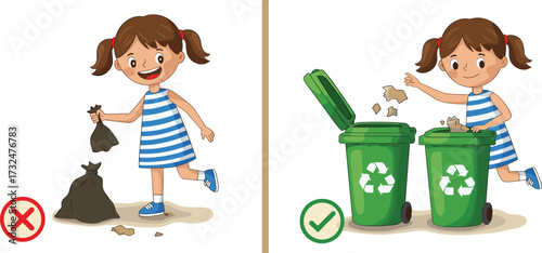 Cartoon girl showing recycling, proper garbage disposal, waste segregation, eco friendly lifestyle, environmental awareness, sustainability education, clean earth, green future illustration