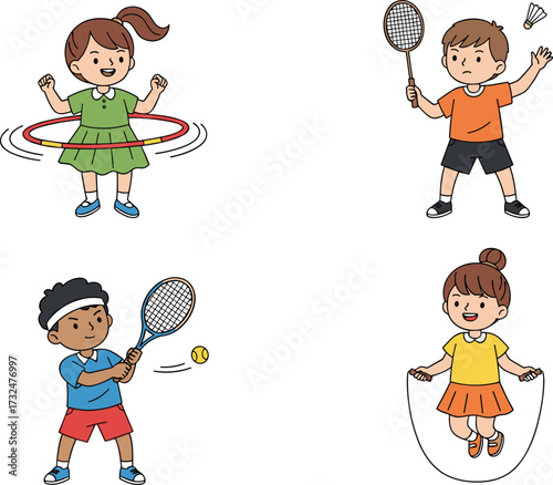 Happy children playing outdoor sports, tennis, badminton, hula hoop, jump rope, fun kids activity, cartoon illustration, healthy exercise, active lifestyle