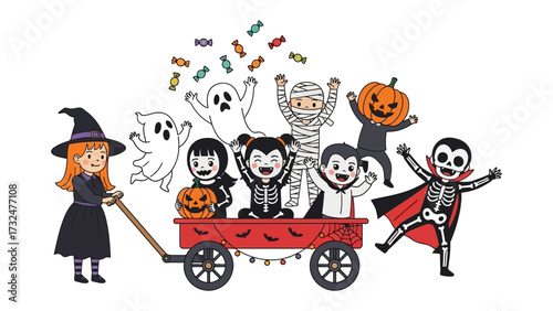 Spooky Halloween Parade: Cheerful children in playful costumes joyfully ride in a red wagon, with an array of candies, perfectly embodies the spirit of Halloween.