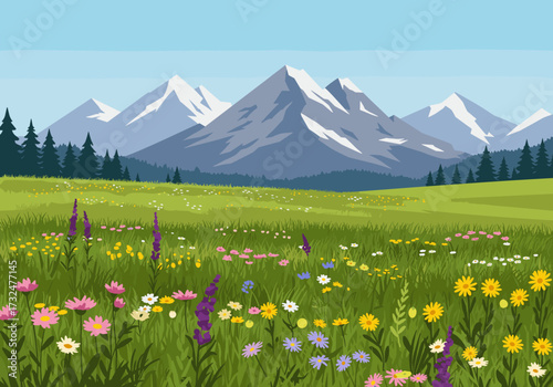 Vibrant floral landscape mountain range digital lush environment bird's eye view nature serenity