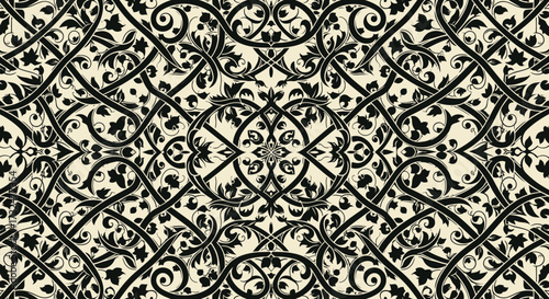 Ornate repeat pattern in black on cream. Vines, swirls, leaves. Symmetric, detailed