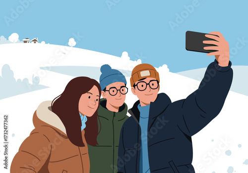 Winter selfie moment snowy landscape group of friends outdoor fun casual vibe bright blue sky