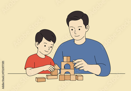 Building blocks fun father and son playtime at home creative activities indoor environment joyful interaction
