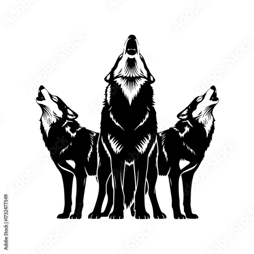 Vector art of black silhouette of three howling wolves under moonlight, minimalist design
