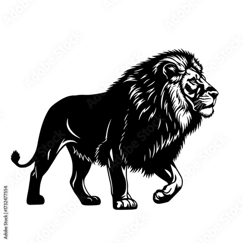 Vector art of majestic black lion illustration in profile view with detailed mane and muscular build