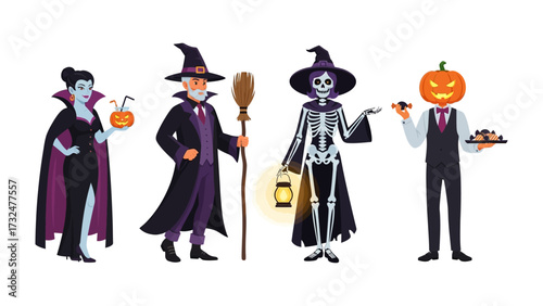 Enchanting Halloween Characters: A captivating ensemble of Halloween figures, including a glamorous vampire, a wise wizard, a haunting skeleton, and a jovial jack-o'-lantern.