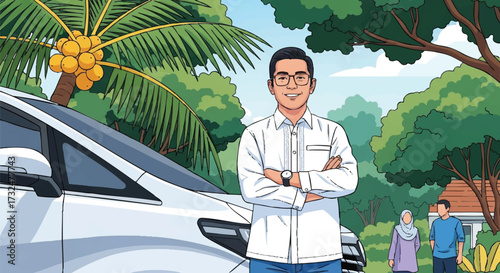 Man Proudly Standing By Car in Front of Home with Family