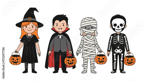 Halloween Crew: A playful depiction of four children dressed in classic Halloween costumes. Each character is holding a pumpkin-shaped bucket for collecting treats. The illustration is vibrant.