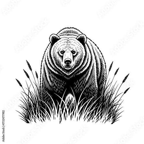 Vector art of majestic grizzly bear standing tall in dense grassland