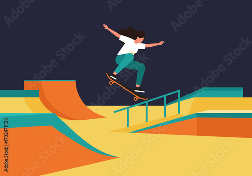 Skateboarding action urban skate park digital vibrant environment dynamic viewpoint youthful concept