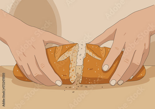 Breaking fresh bread kitchen table food cozy home culinary delight